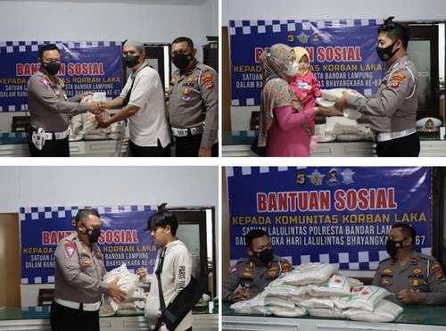 dalam rangka memperingati hari lalu lintas ke 67 polresta bandar lampung menyalurkan bansos 50005