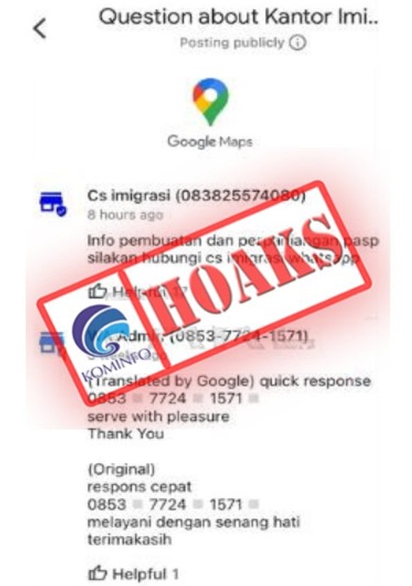 hoaks customer care mengatasnamakan kantor imigrasi kota medan 59586