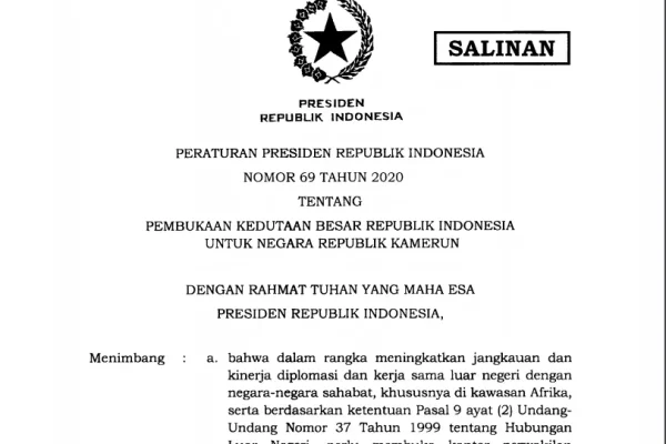 Perpres Nomor 69 Pembukaan Kedubes di Kamerun