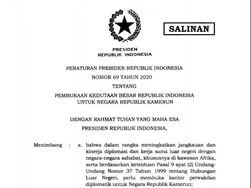 Perpres Nomor 69 Pembukaan Kedubes di Kamerun