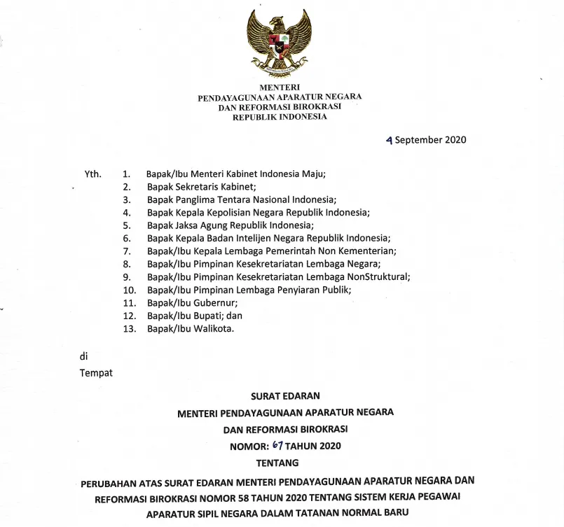 SE Menteri PANRB Nomor 67 Tahun 2020