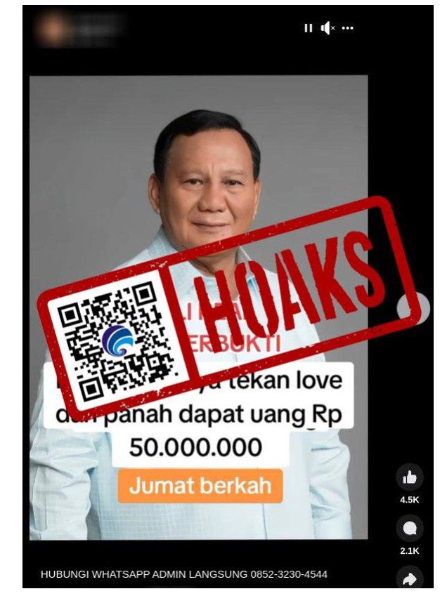 hoaks prabowo subianto bagikan bantuan uang rp50 juta kepada masyarakat 74550