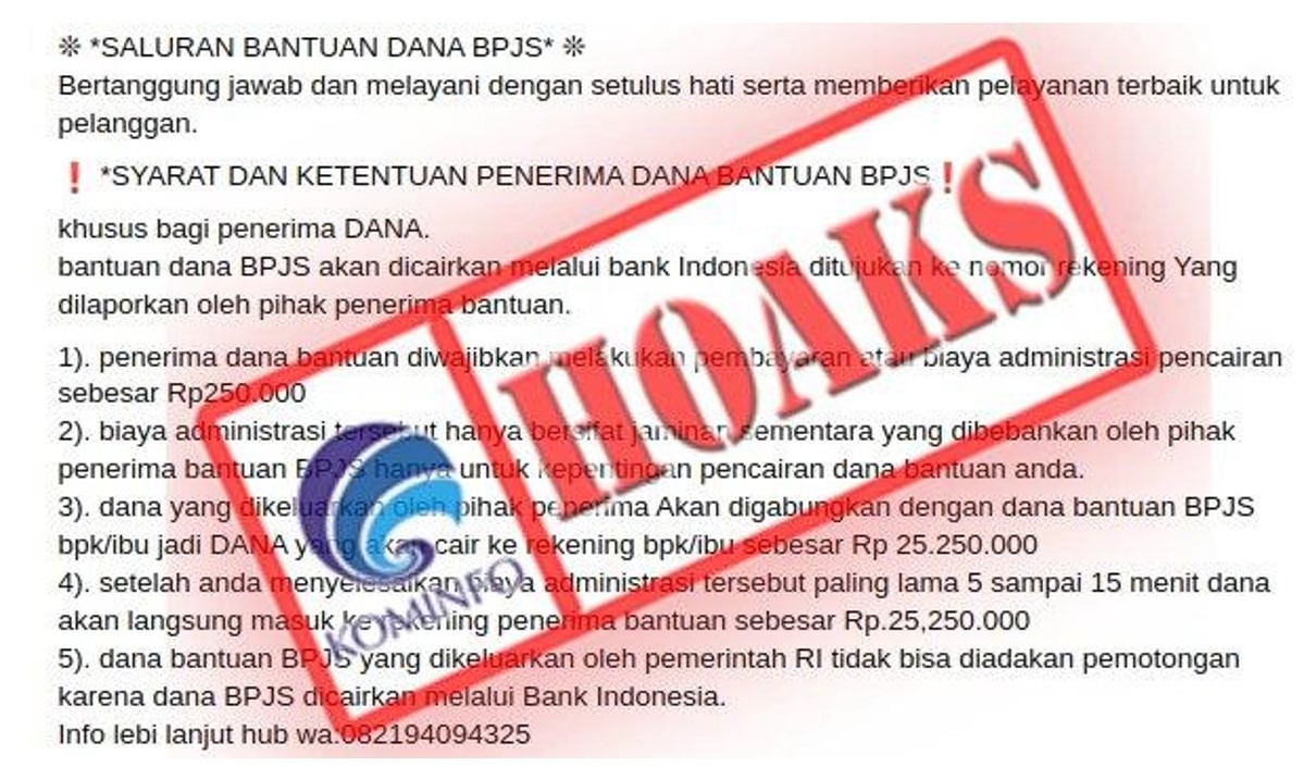 hoax salurkan bantuan bpjs kesehatan minta penerima bpjs bayar admin sebesar rp250 ribu 59490