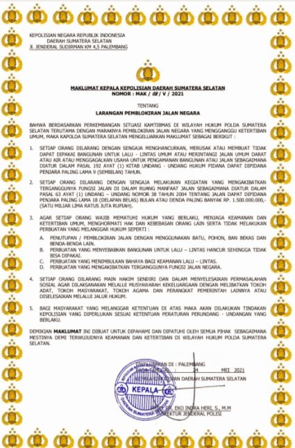 the south sumatra s regional police chief issues announcement regarding the prohibition of blocking state roads 39002